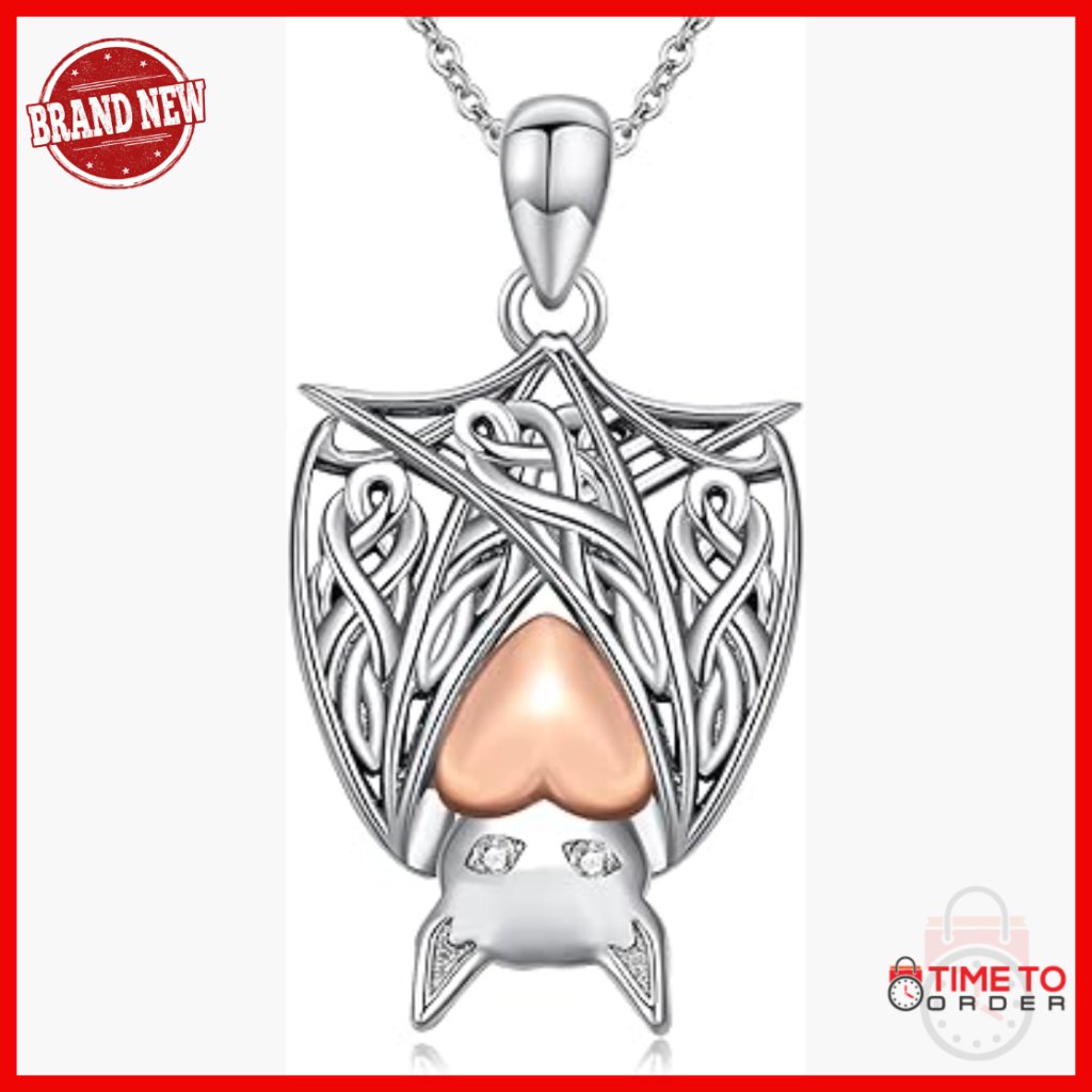 Sterling Silver Bat Pendant Necklace With Diamond Accents, Gothic Jewelry